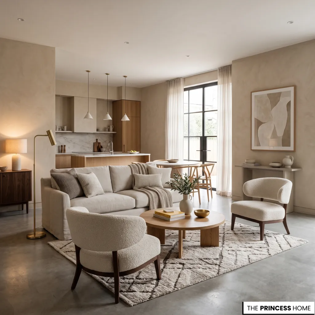 Open-concept slow design living room with cream boucle chairs, textured plaster walls, a round wood coffee table, and kitchen background.