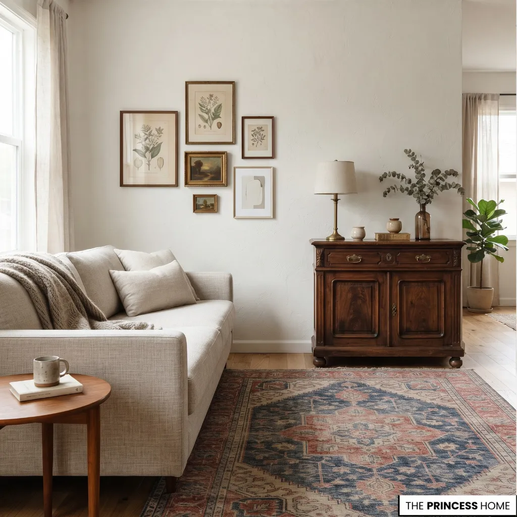 Contemporary living room combining collected vintage furniture and decor