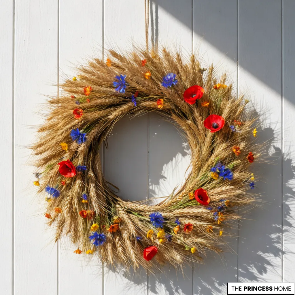 Rustic summer wreath crafted from golden wheat stalks and dotted with vibrant red poppies, blue cornflowers,