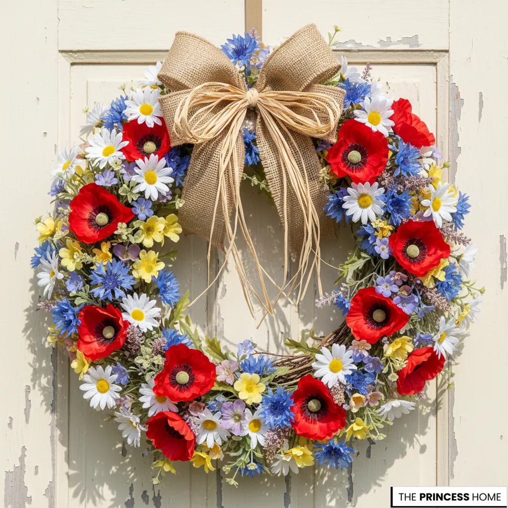 Colorful summer wreath with red poppies, blue cornflowers, white daisies, and a large burlap bow hanging on a white door.