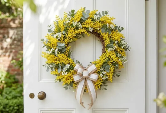 Beautiful summer front door wreath filled with vibrant yellow mimosa blossoms, silvery green eucalyptus leaves