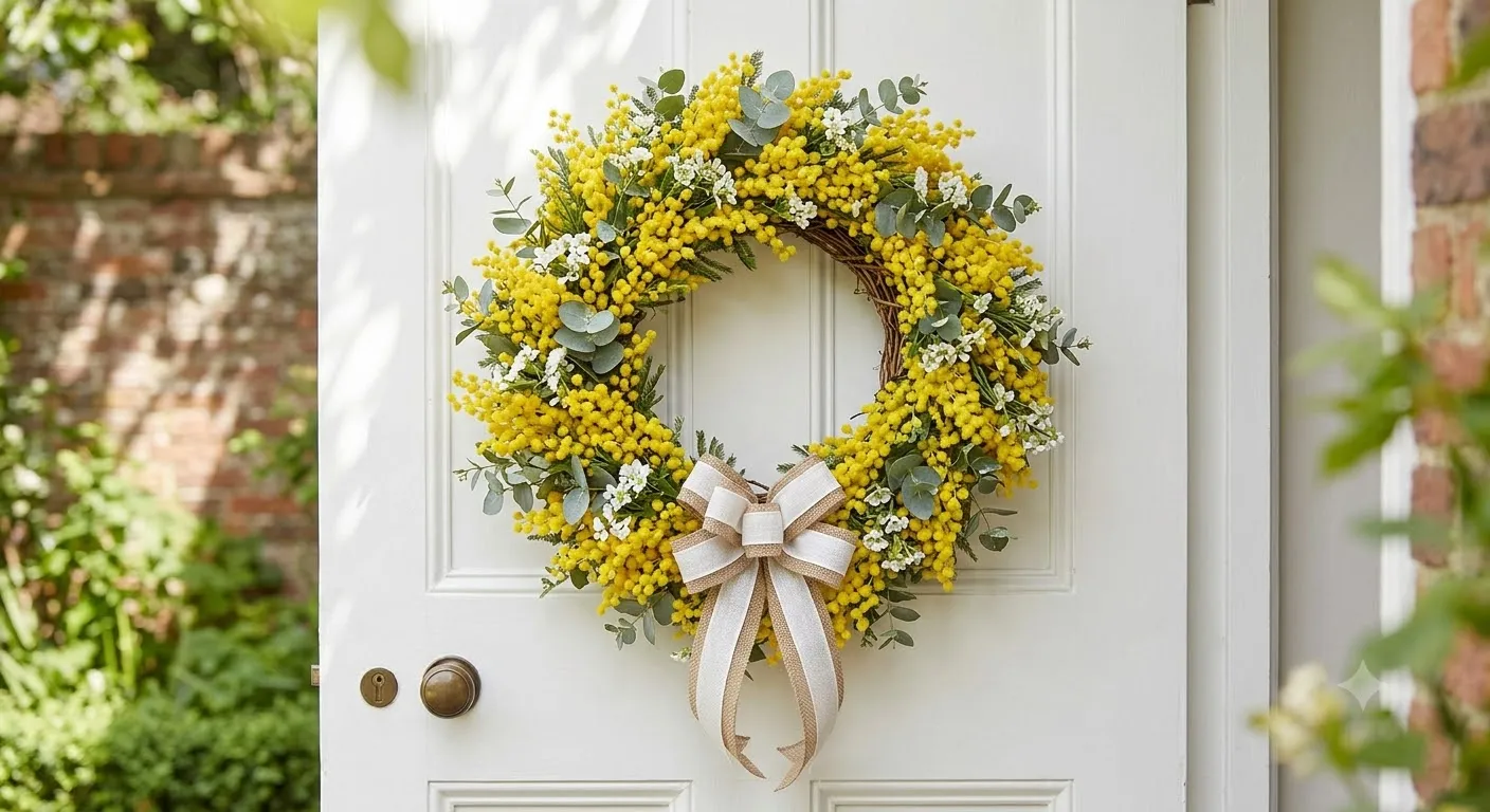 Beautiful summer front door wreath filled with vibrant yellow mimosa blossoms, silvery green eucalyptus leaves