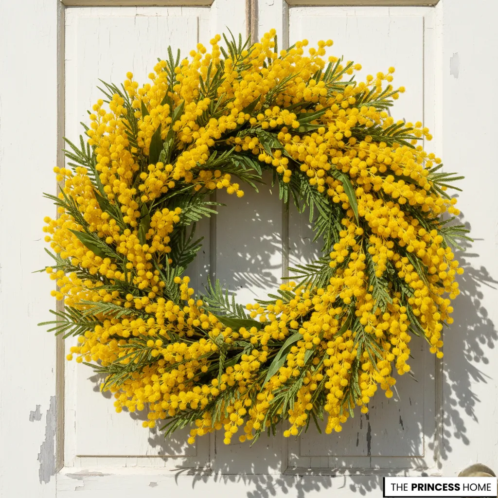 Full summer wreath made of vibrant yellow mimosa blossoms and delicate green fern-like leaves hanging on a white door.