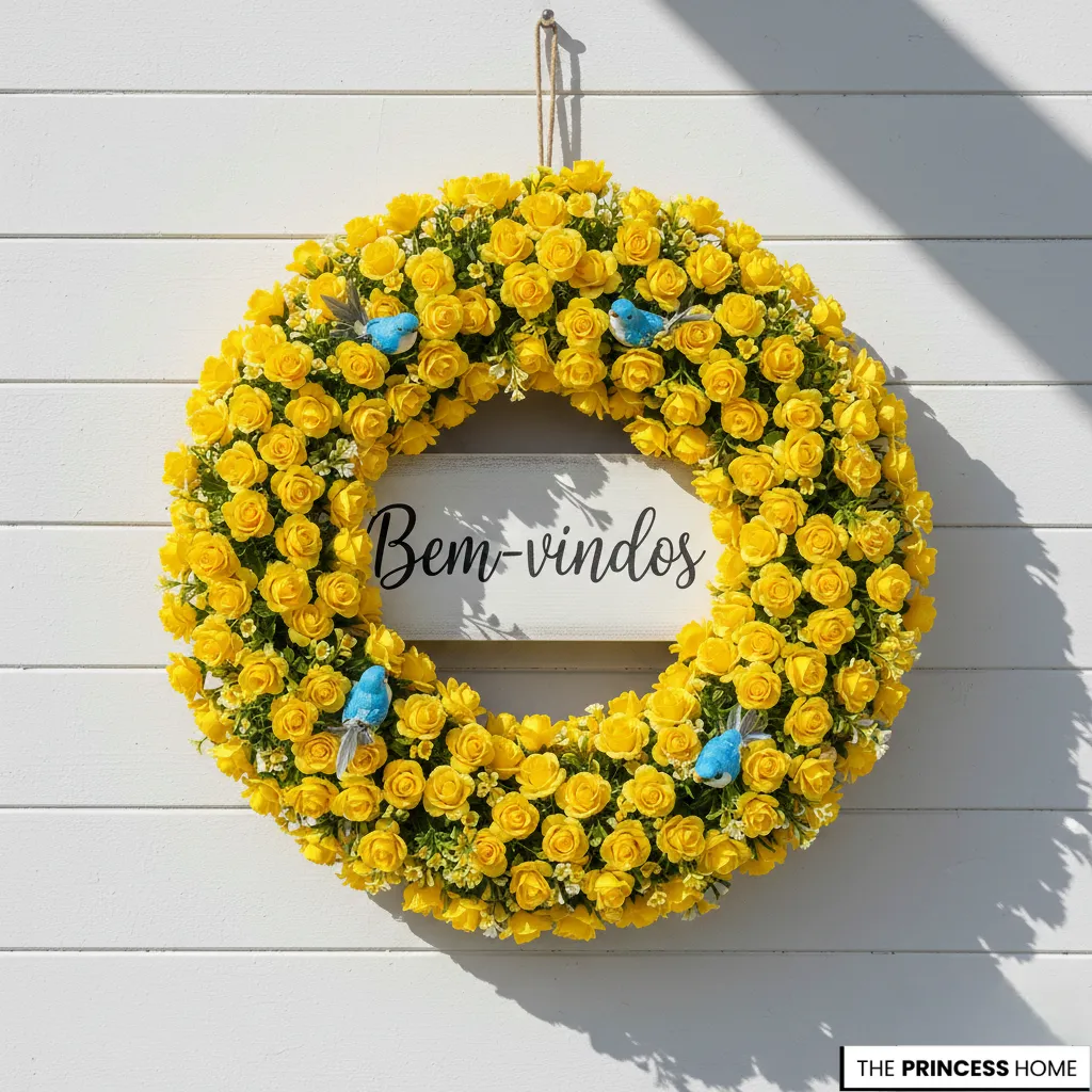 Vibrant summer wreath filled with dense yellow faux roses and dotted with small blue birds, featuring a central wooden sign