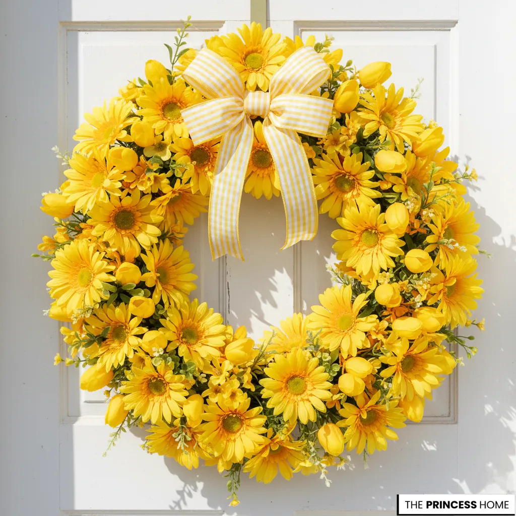 Bright summer wreath composed of vibrant yellow sunflowers, tulips, and a gingham bow hanging on a white front door.
