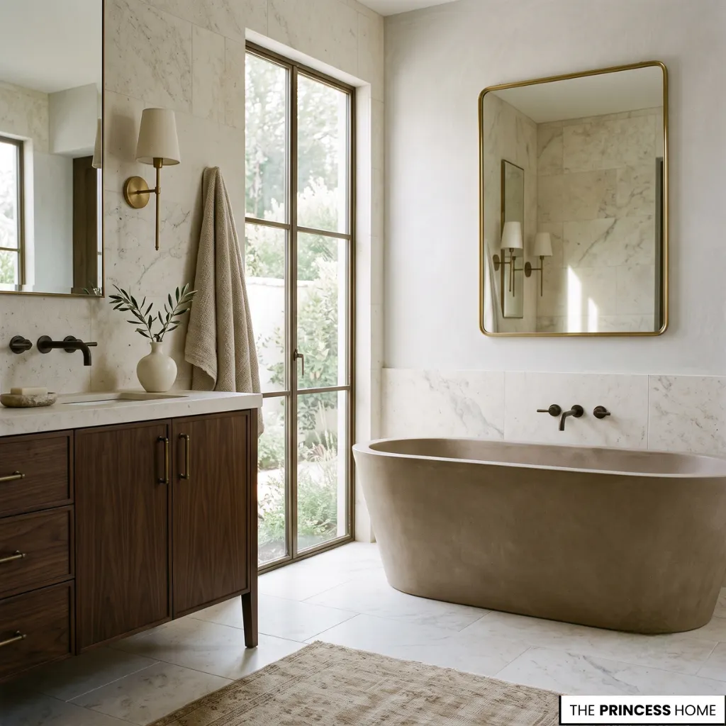 Bathroom transformation with a soft neutral color palette featuring warm whites, taupe, walnut, and bronze accents.