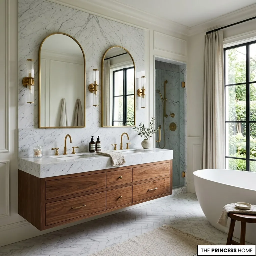 Bathroom transformation featuring a floating vanity with natural wood, stone countertop, and framed mirror.