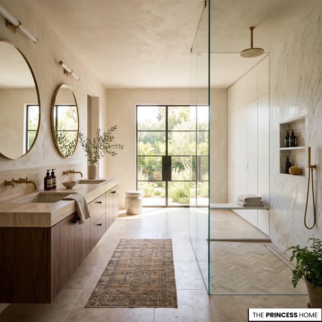 Bathroom transformation with floating vanity, integrated storage, and spacious modern layout.