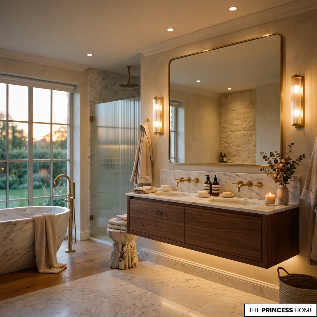 Bathroom transformation using layered lighting with sconces, recessed fixtures, and floating vanity illumination.