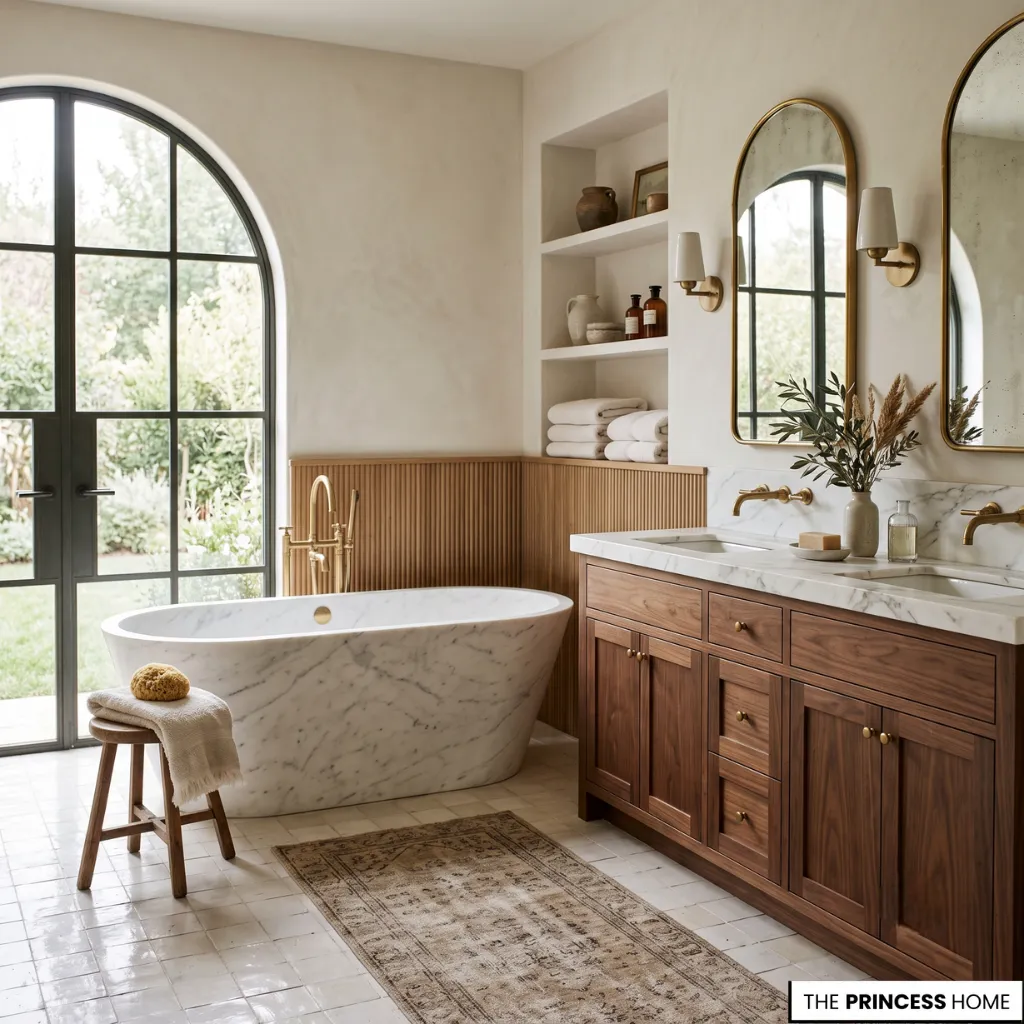 Luxury bathroom transformation featuring a marble freestanding tub, warm oak vanity, brass fixtures, arched windows, and soft natural light creating a relaxing sanctuary.