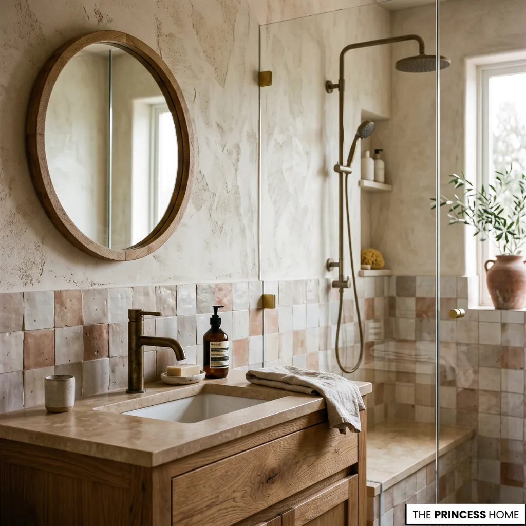 Bathroom transformation featuring stone countertops, porcelain tile, natural wood, and premium finishes.