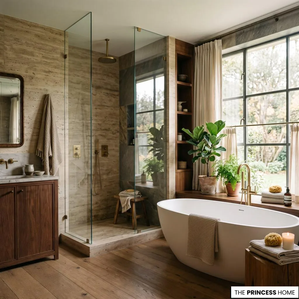 Bathroom transformation finished with elegant styling, greenery, handcrafted ceramics, and luxurious towels.