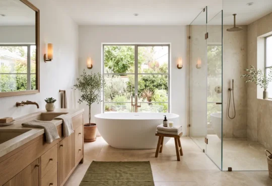Luxury bathroom transformation featuring a freestanding tub, natural wood vanity, stone finishes, and layered lighting in a relaxing spa-inspired interior.