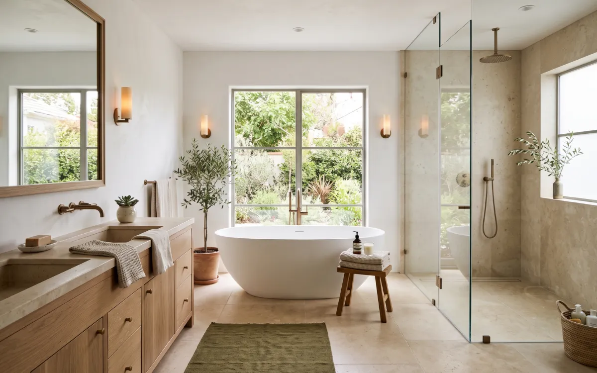 Luxury bathroom transformation featuring a freestanding tub, natural wood vanity, stone finishes, and layered lighting in a relaxing spa-inspired interior.