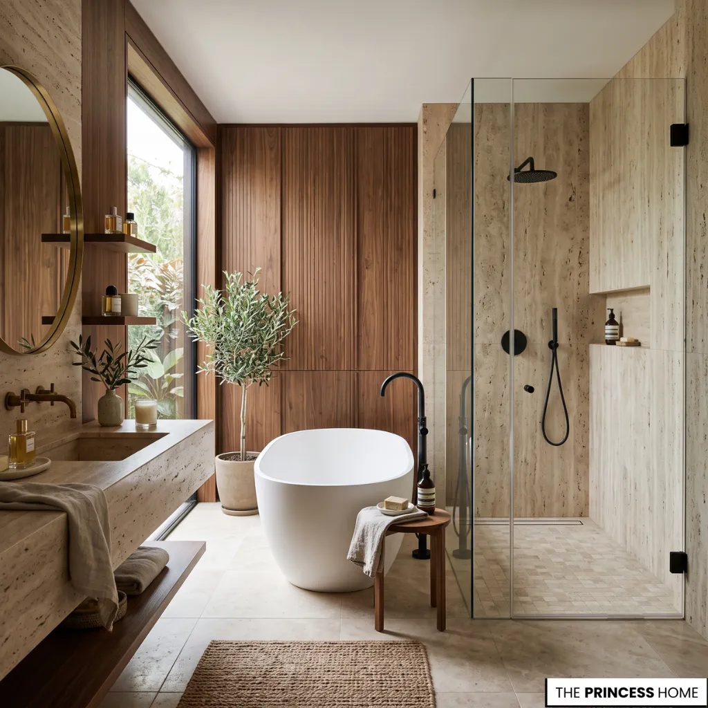 Bathroom transformation featuring a walk-in shower beside a freestanding soaking tub.