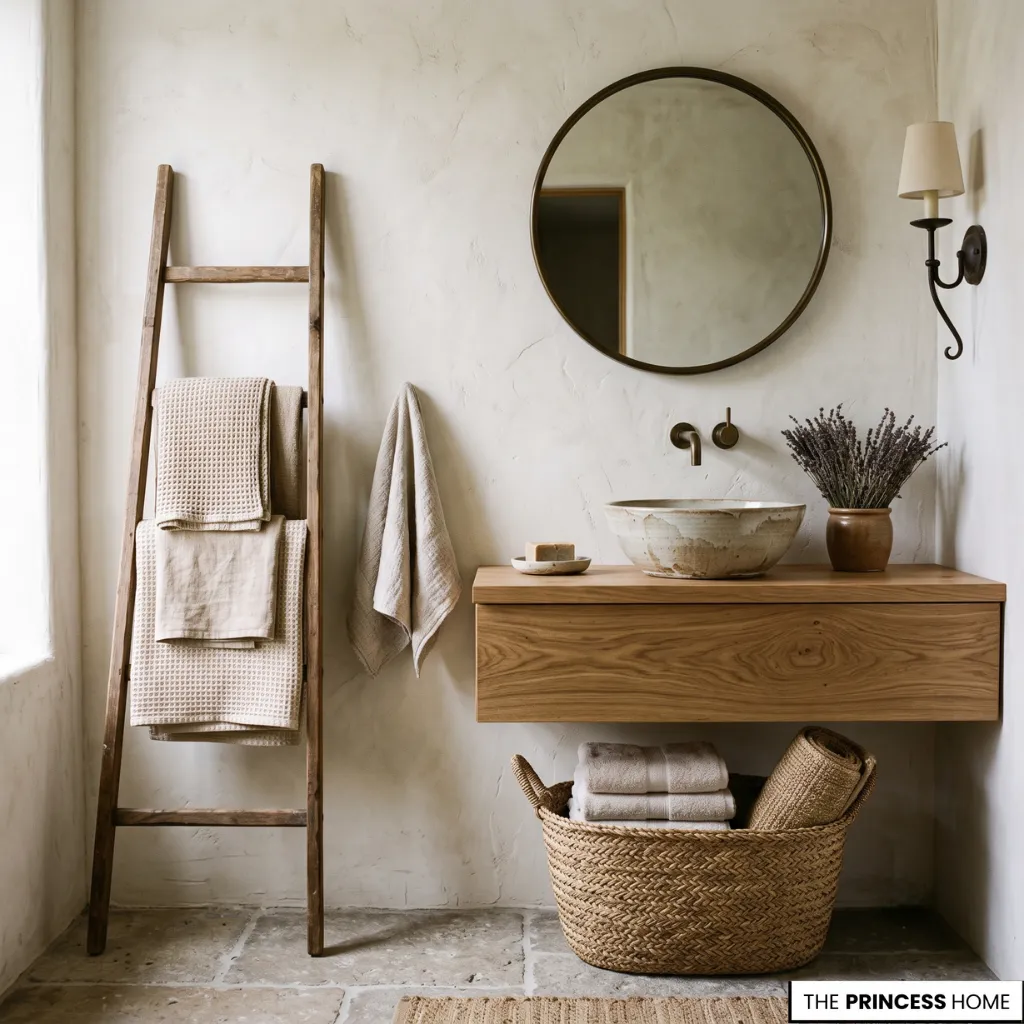 Bathroom transformation highlighting layered textures with linen, stone, wood, and handcrafted accessories.