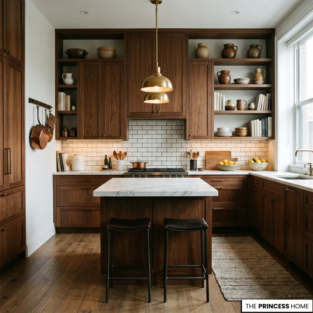 A sophisticated Ralph Lauren-style kitchen featuring elegant walnut cabinetry, a marble-top island with stools, and warm brass lighting.