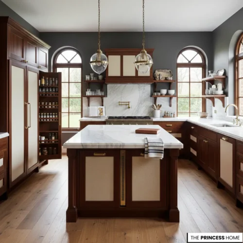 A classic Ralph Lauren-style kitchen featuring mahogany and beige cabinetry, a marble-topped island, an open pantry cabinet, and elegant glass globe pendant lights.