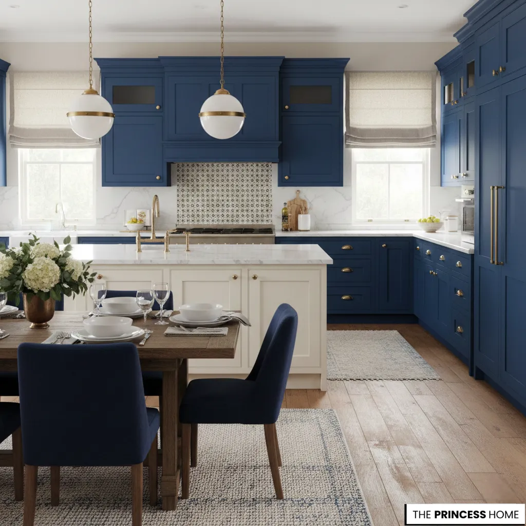 An elegant Ralph Lauren-style kitchen featuring striking navy blue cabinetry, a white marble island, and a matching wooden dining set with plush blue chairs.