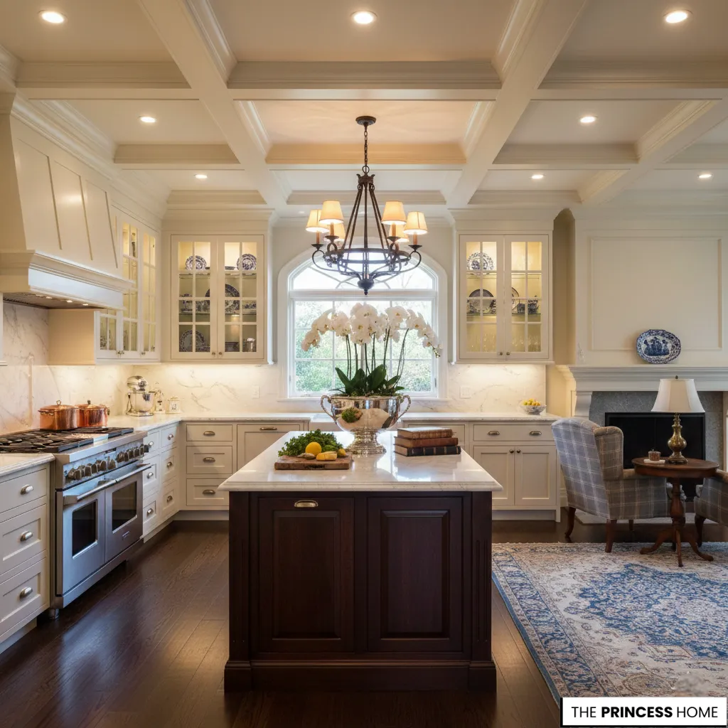 A grand Ralph Lauren-style kitchen featuring cream cabinetry, a dark wood island with a marble top, a classic chandelier, and an adjacent fireplace seating area.