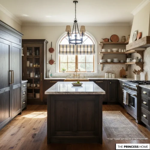 A rustic Ralph Lauren-style kitchen featuring dark wood cabinetry, a marble-topped island, open wooden shelving, and a classic chandelier beneath an arched window.