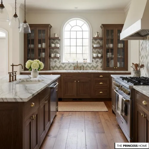 A timeless Ralph Lauren-style kitchen featuring warm oak cabinetry, a marble-clad island, a herringbone tile backsplash, and a prominent arched window.