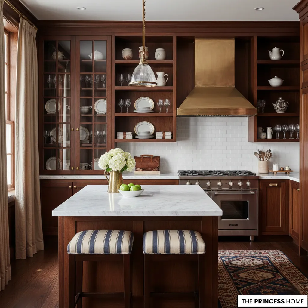 A charming Ralph Lauren-style kitchen featuring warm cherry wood cabinetry, a marble-topped island with striped stools, a white subway tile backsplash, and a striking brass range hood.