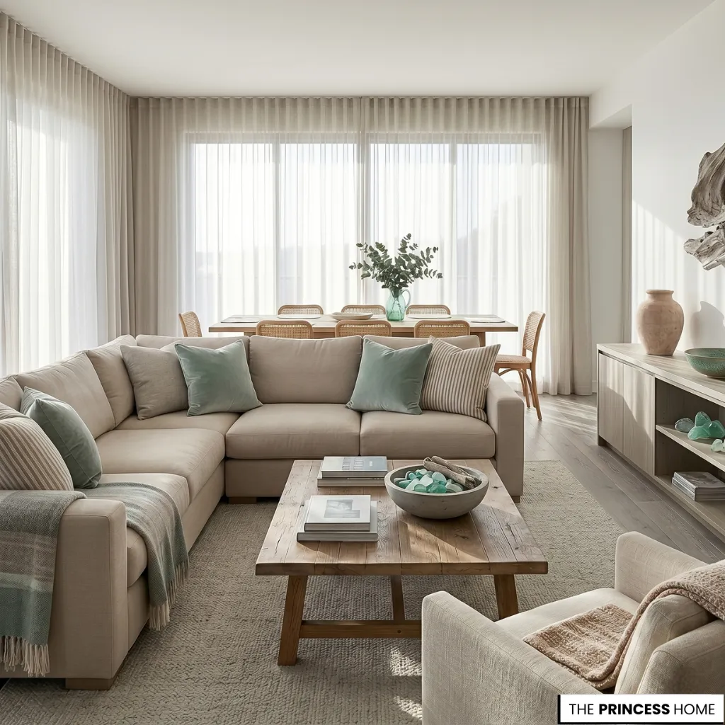 Beach house decor living room filled with soft morning light, linen textures, and relaxed coastal elegance.