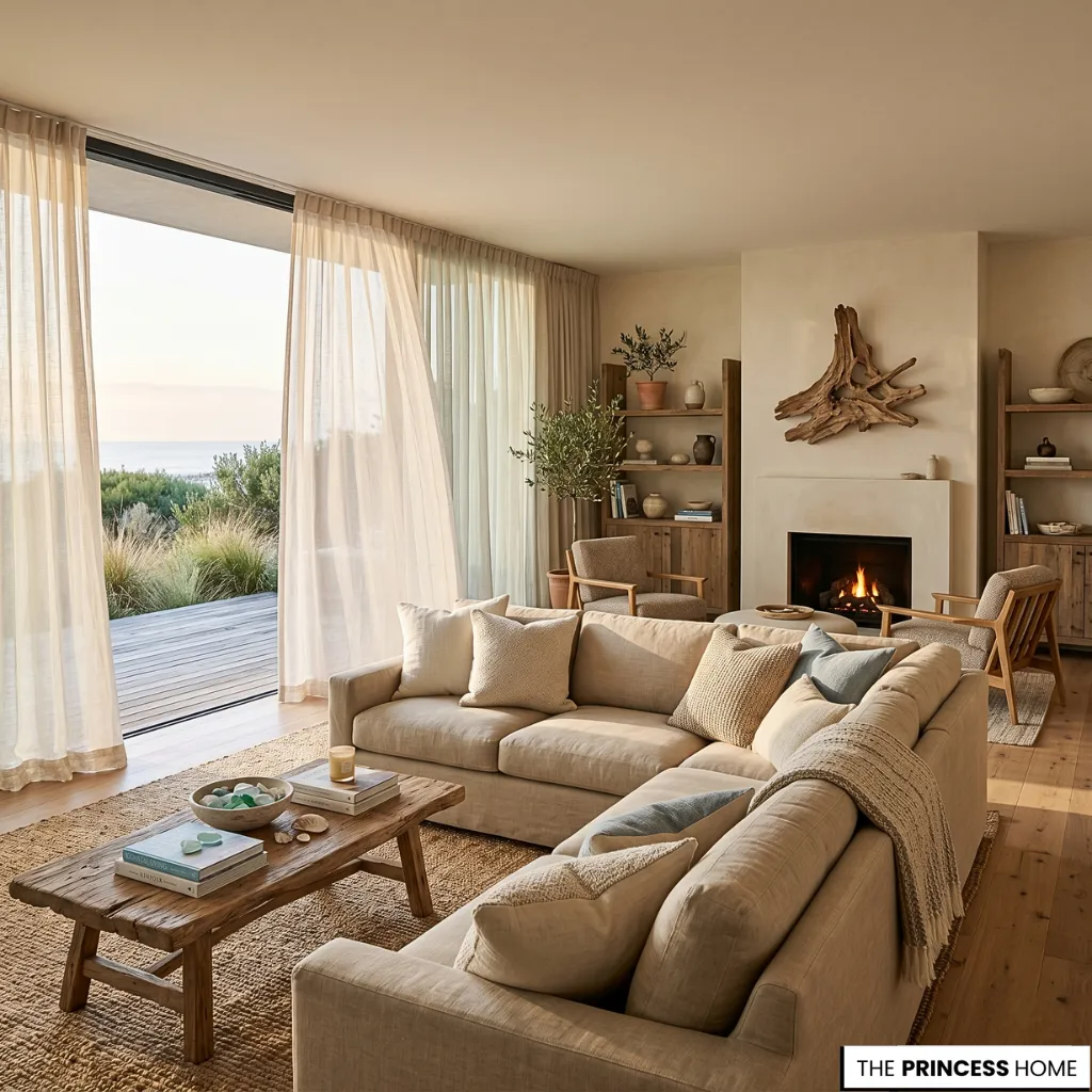 Beach house decor living room filled with soft morning light, linen textures, and relaxed coastal elegance.