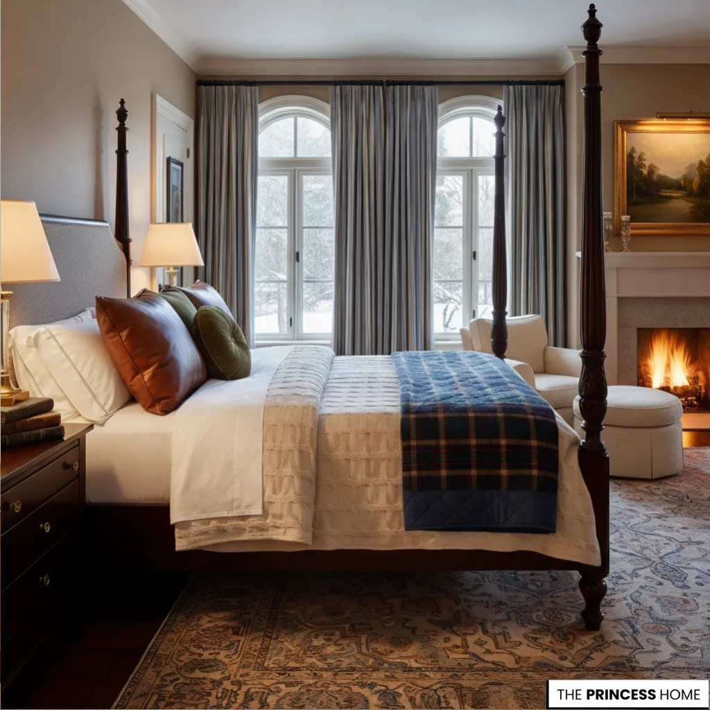 Grandmillennial bedroom with a dark wood four-poster bed, a cozy lit fireplace, striped curtains, and a plaid blanket.