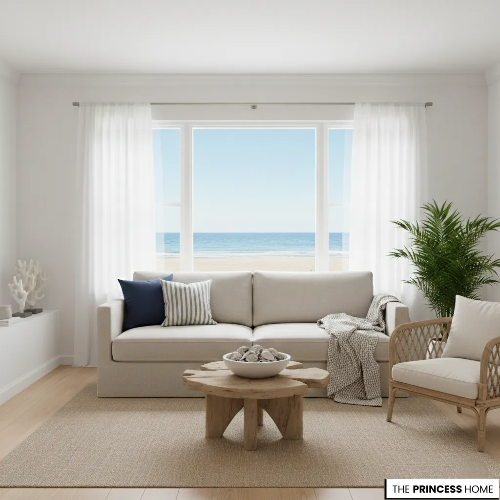 Breezy coastal living room with a beige sofa, driftwood coffee table, woven armchair, and a large window looking out at the beach.