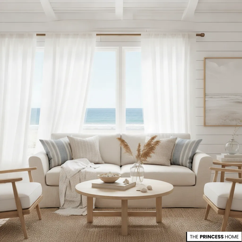 Breezy coastal living room with white sofas, sheer curtains, striped pillows, pampas grass centerpiece, and a scenic ocean view.