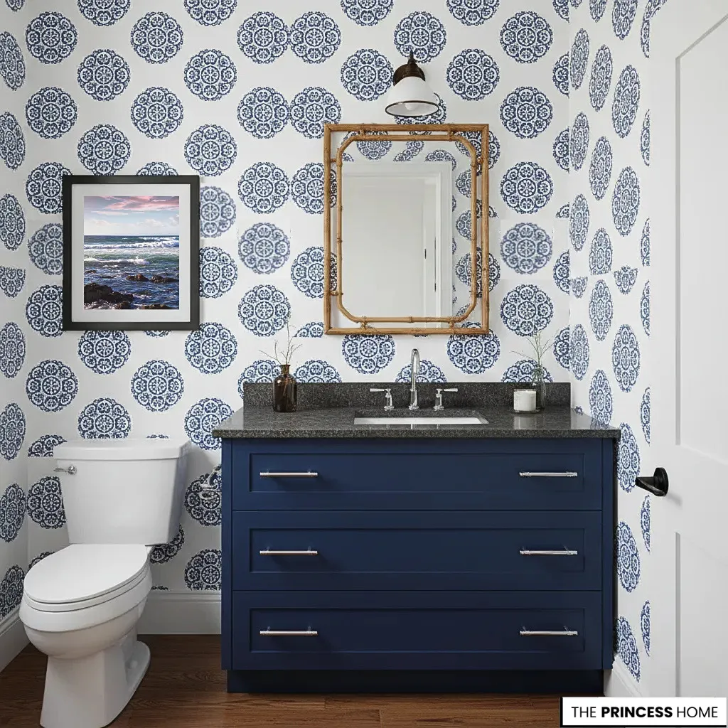 Classic coastal bathroom with blue patterned wallpaper, navy vanity, bamboo mirror, and white fixtures.