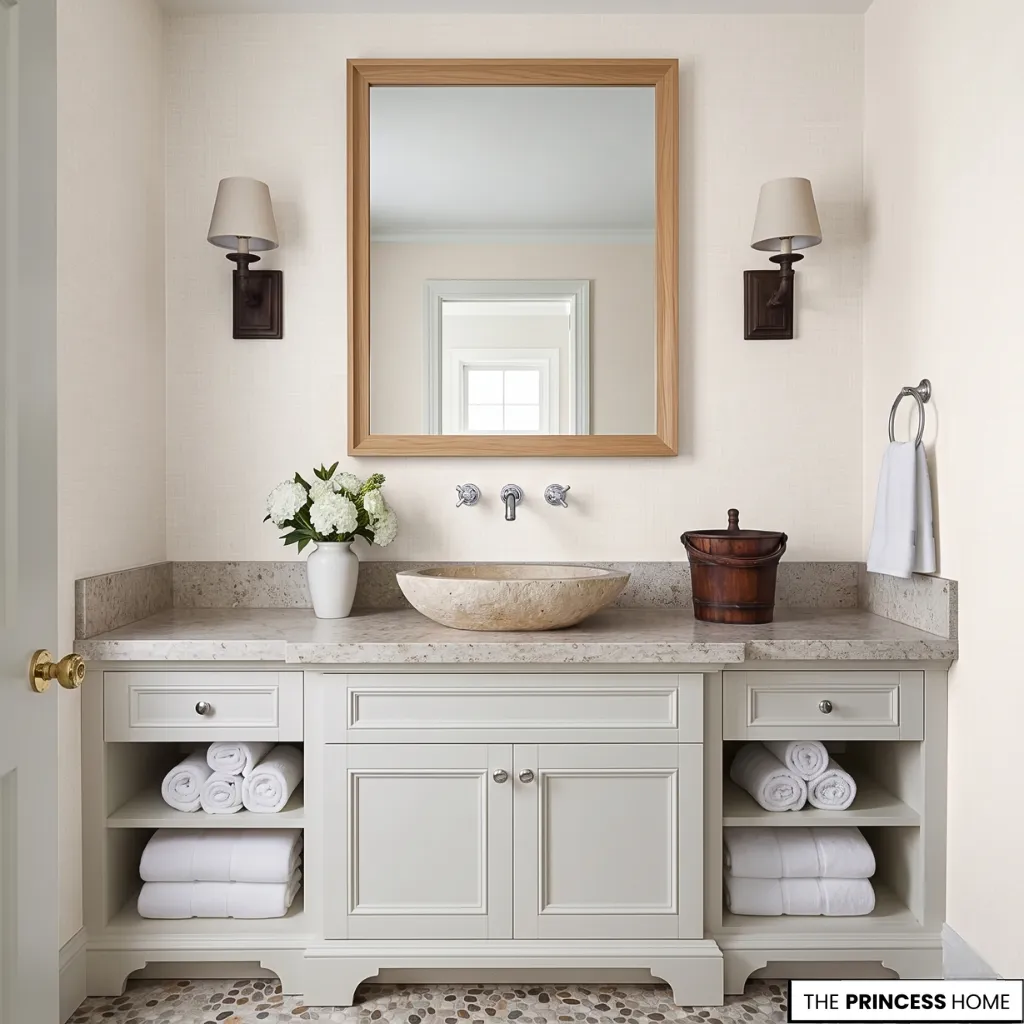 Coastal bathroom with a natural stone vessel sink, oak-framed mirror, open shelving, and pebble flooring.