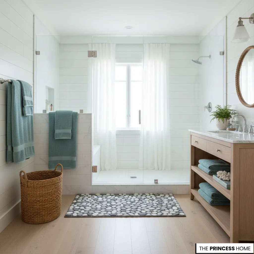 Bright coastal bathroom featuring a light wood vanity, seafoam green towels, a pebble bath mat, a woven basket, and a glass shower.