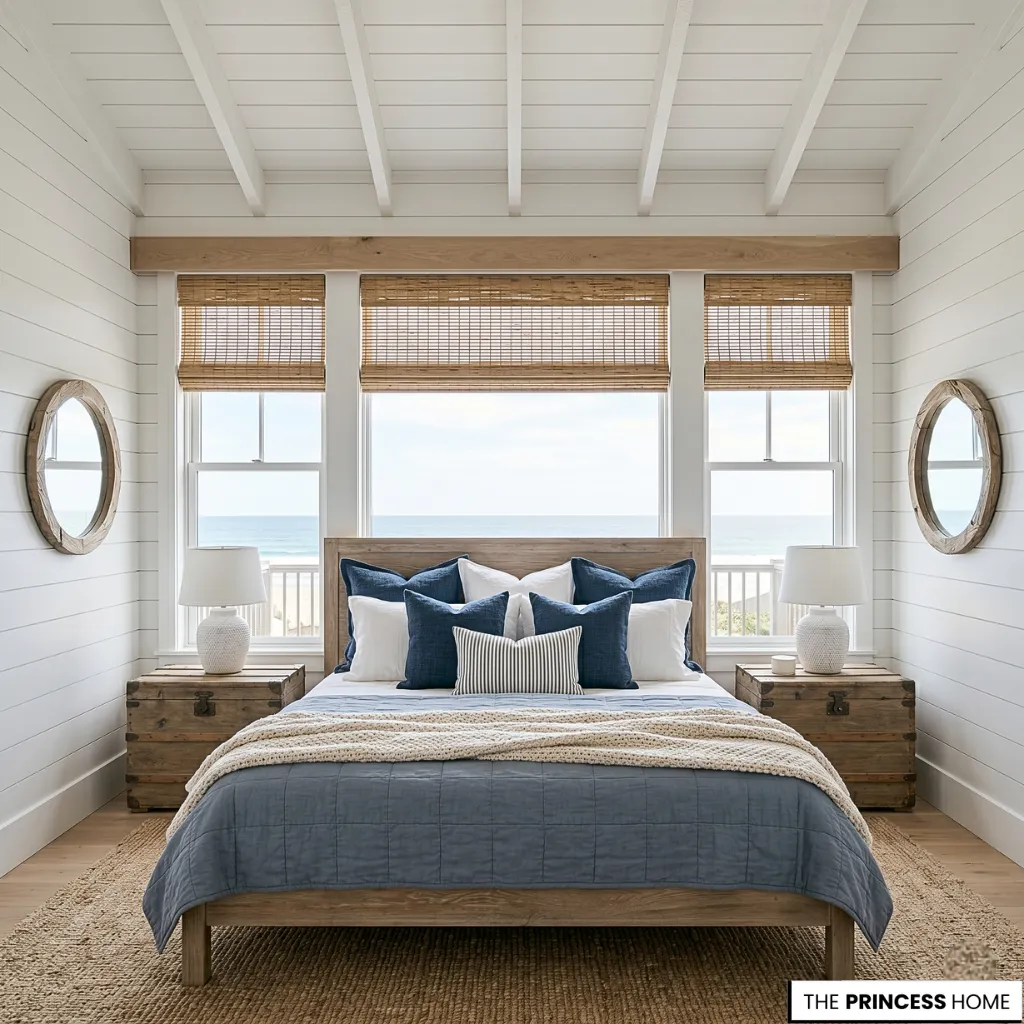Coastal bedroom with shiplap walls, blue bedding, woven window shades, wooden nightstands, and a scenic ocean view.