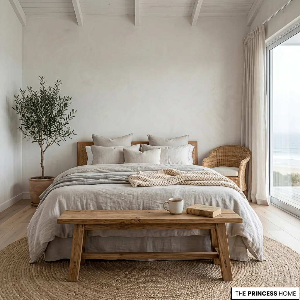 Minimalist coastal bedroom featuring a wooden bench, potted olive tree, beige linen bedding, and large windows.