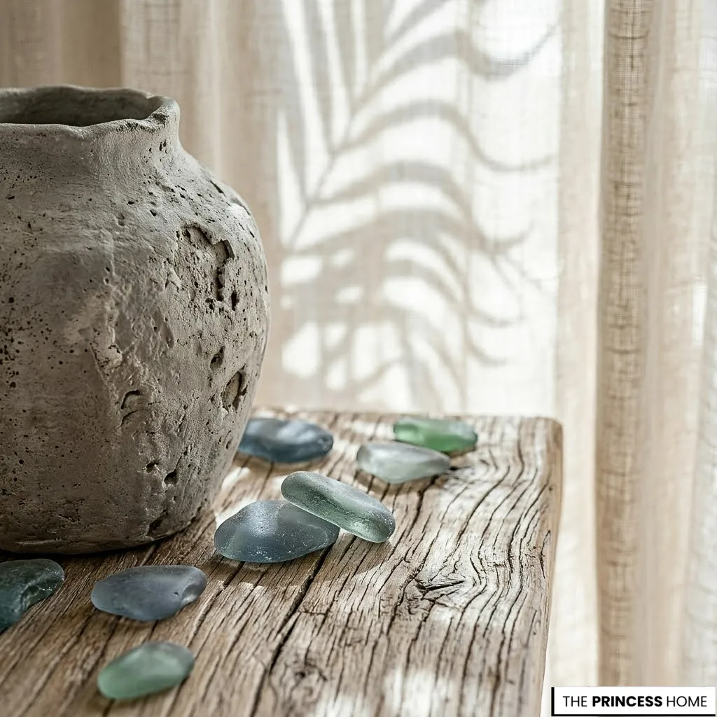 Rustic stone vase and sea glass pieces on a weathered wooden surface with a tropical leaf shadow background.