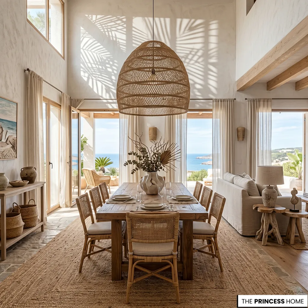 Coastal dining room with a large rattan pendant light, wooden table, woven chairs, and scenic ocean views.