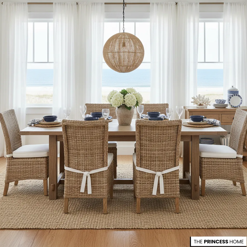 Coastal dining room with woven wicker chairs, a wooden table, jute rug, woven globe pendant light, and an ocean view.