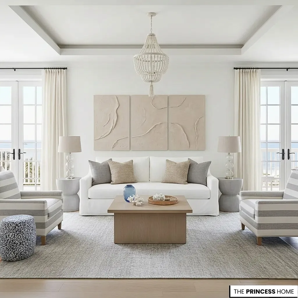 Elegant coastal living room with a beaded chandelier, white sofa, triptych wall art, striped armchairs, and a grey rug.