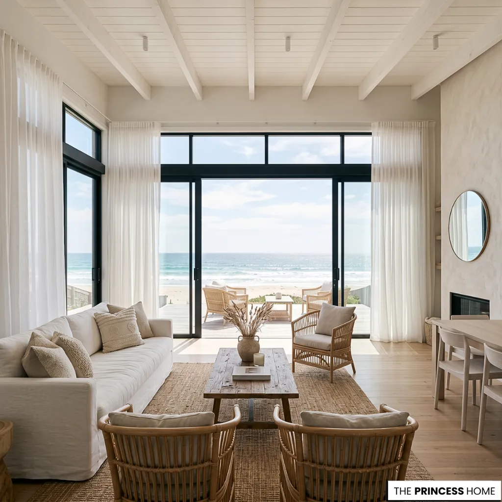 Coastal living room with black-framed sliding doors, white sofa, woven armchairs, jute rug, and panoramic beach views.