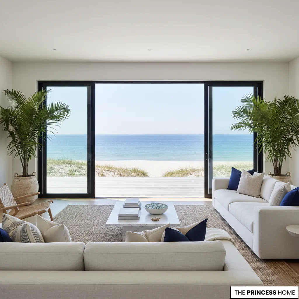 Coastal living room with black sliding glass doors, white sofas, navy blue pillows, indoor palms, and an ocean view.