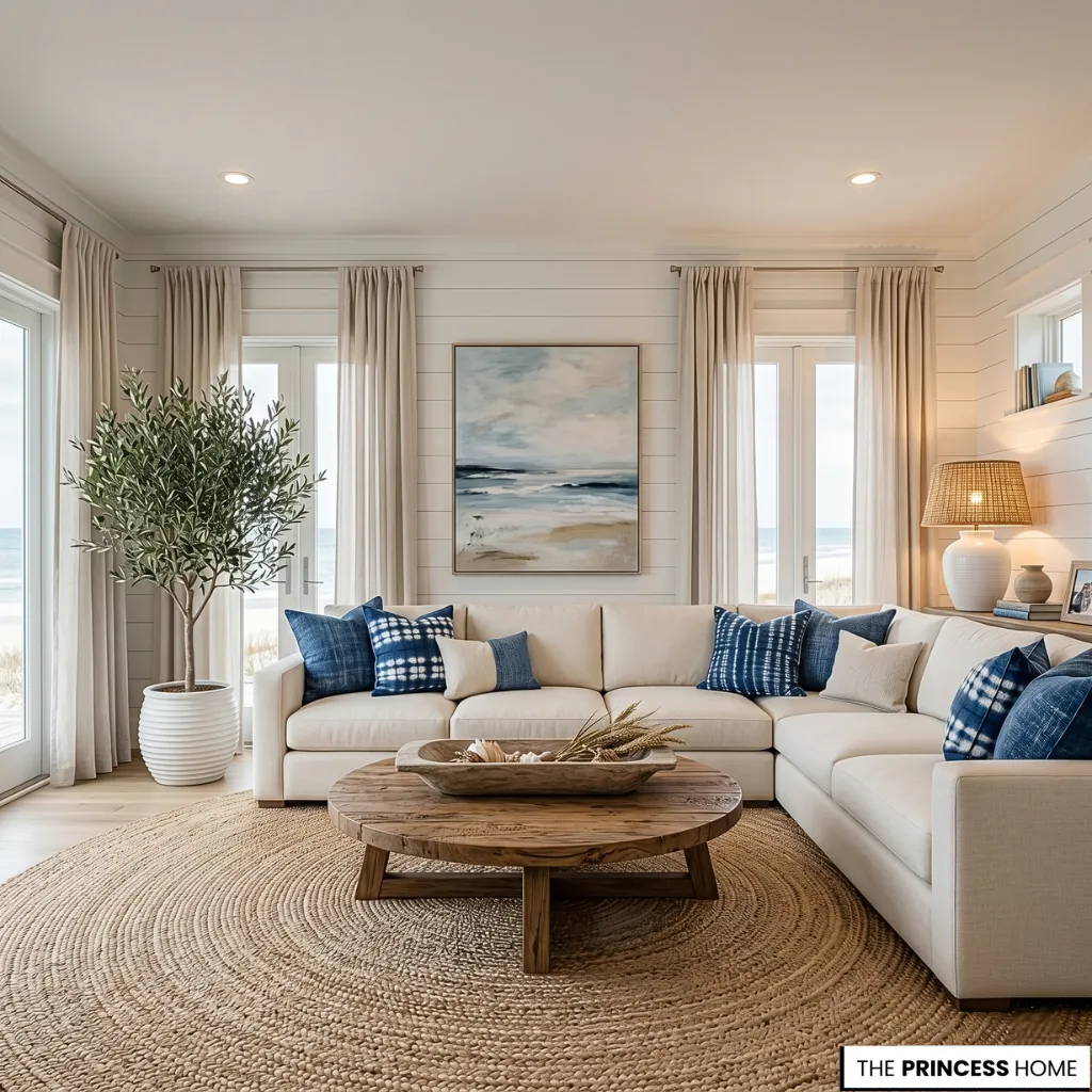 Coastal living room with shiplap walls, a cream sectional, blue patterned pillows, round jute rug, and ocean artwork.