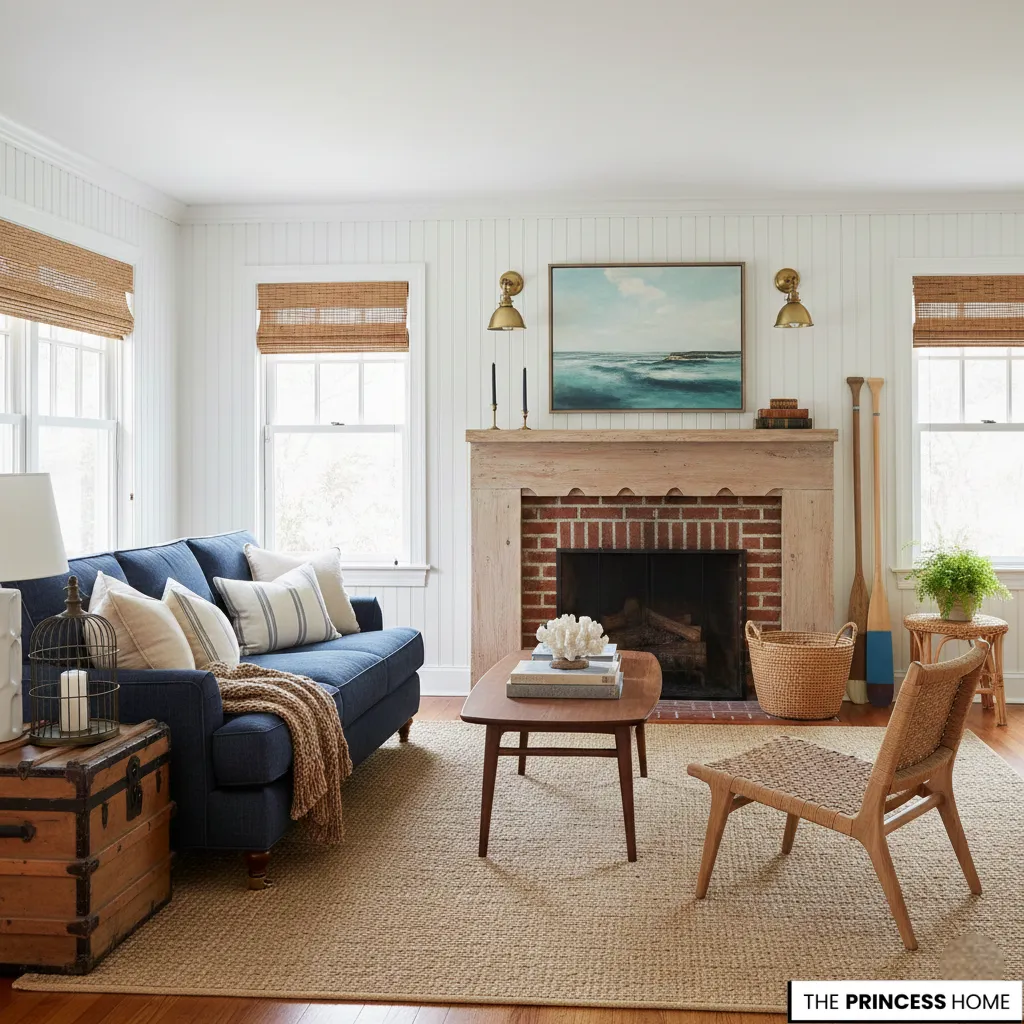 Coastal living room with a navy blue sofa, brick fireplace, jute rug, woven accent chair, and ocean artwork.