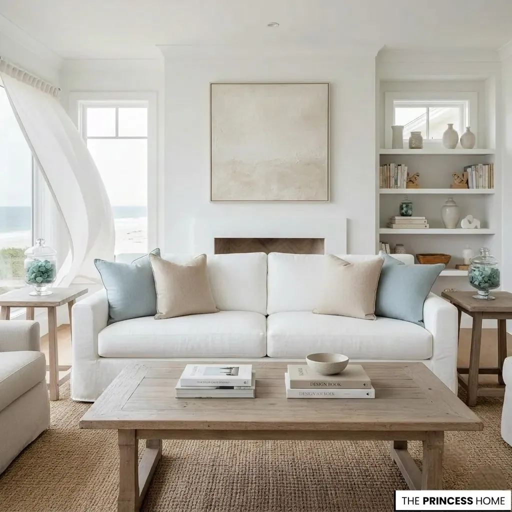 Serene coastal living room featuring a white sofa, rustic wooden coffee table, built-in bookshelf, textured minimalist art, and soft seafoam pillows.