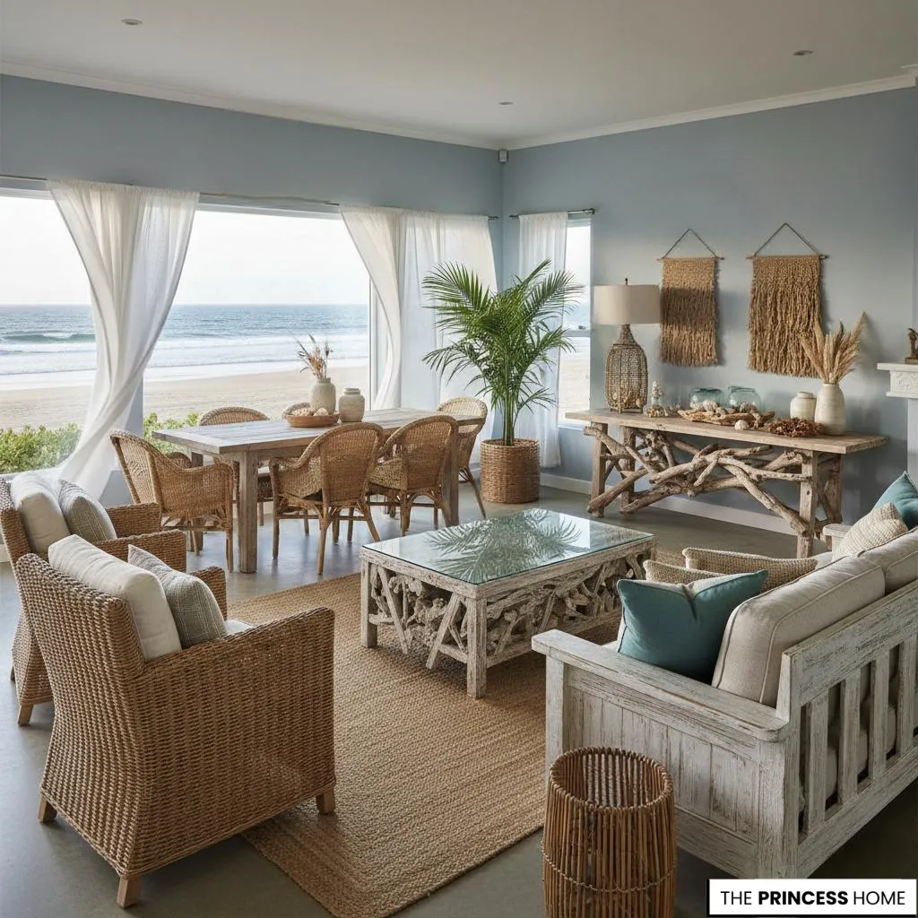 Coastal open-concept living and dining room featuring unique driftwood furniture, wicker chairs, and a beautiful ocean view.