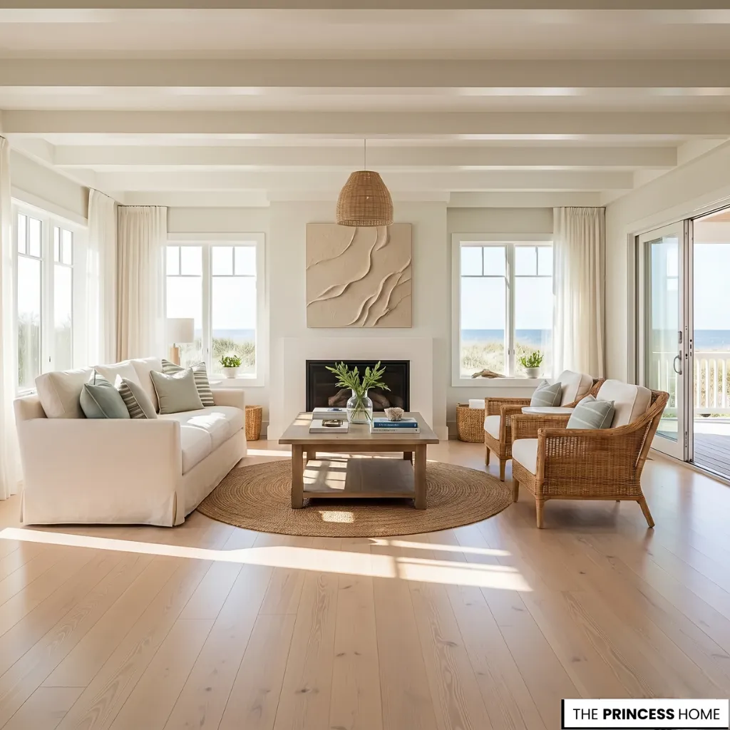 Coastal living room with a fireplace, textured wall art, white sofa, woven armchairs, and a round jute rug.