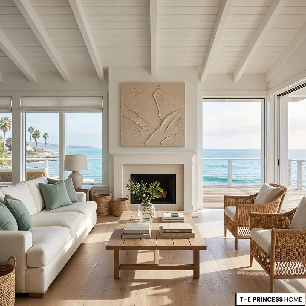 Coastal living room with a fireplace, textured art, beige sofa, sage pillows, woven armchairs, and ocean deck views.