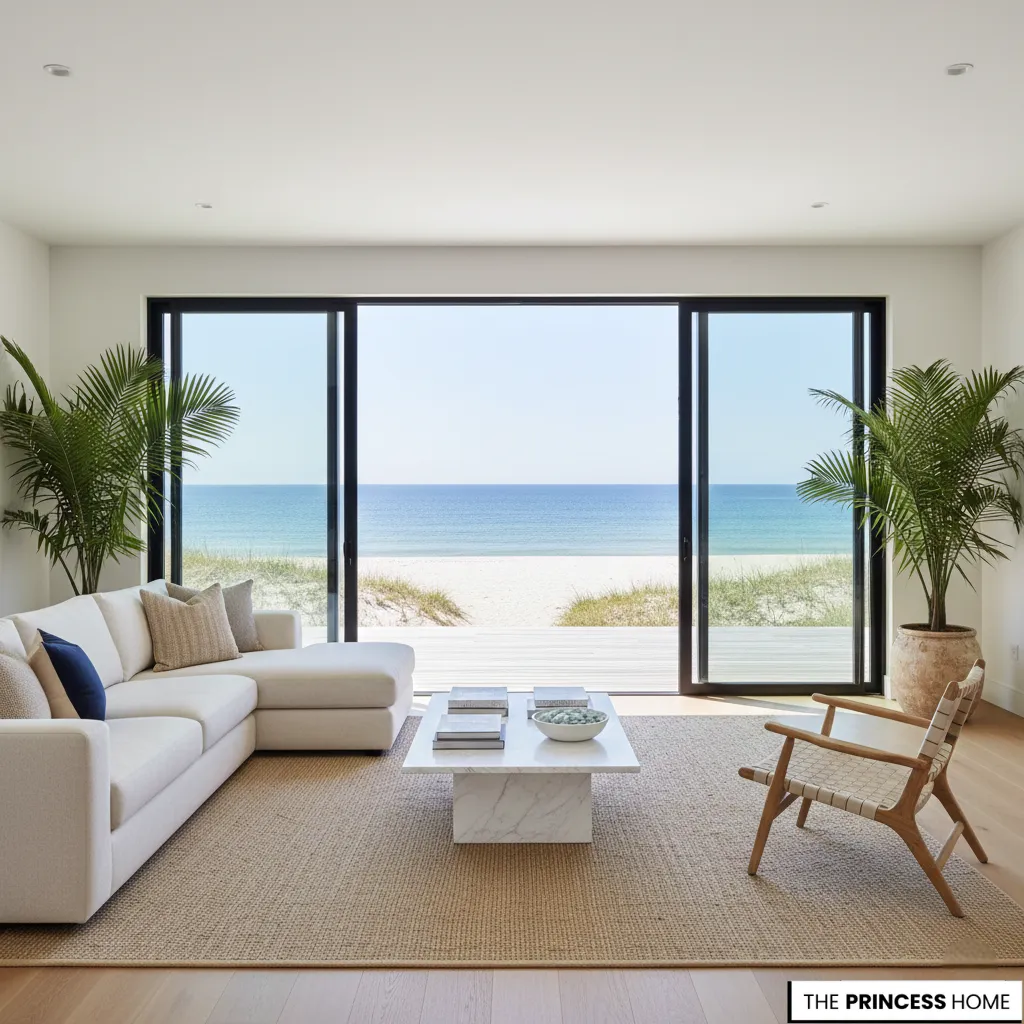 Bright coastal living room with a white sectional, marble coffee table, woven chair, indoor palms, and an ocean view.